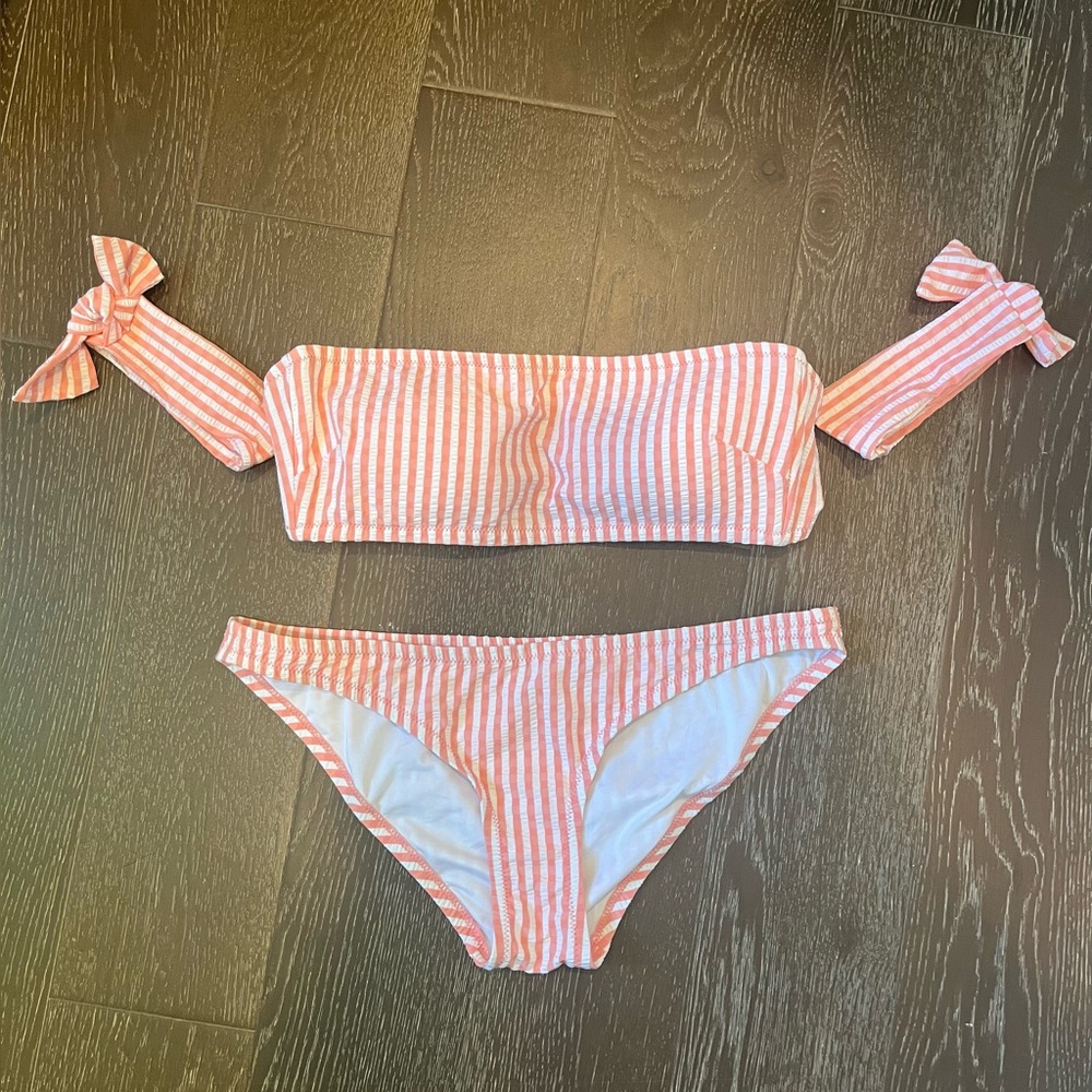 J. Crew bandeau coral seersucker bathing suit with arm ties. Worn once, like new